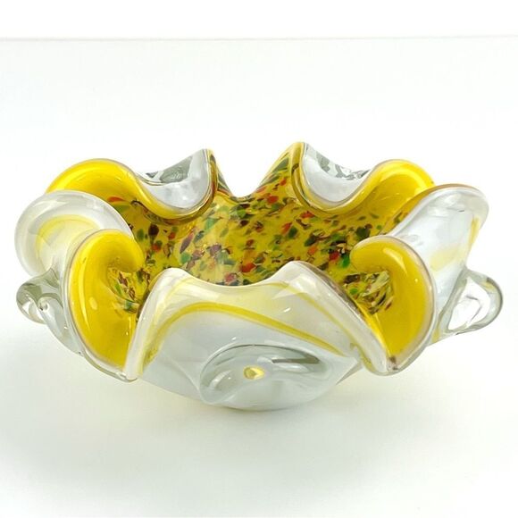 Murano Art Glass Millefiori Cased Bowl Yellow Gold Flake Multicolor Tutti Frutti - Picture 1 of 9